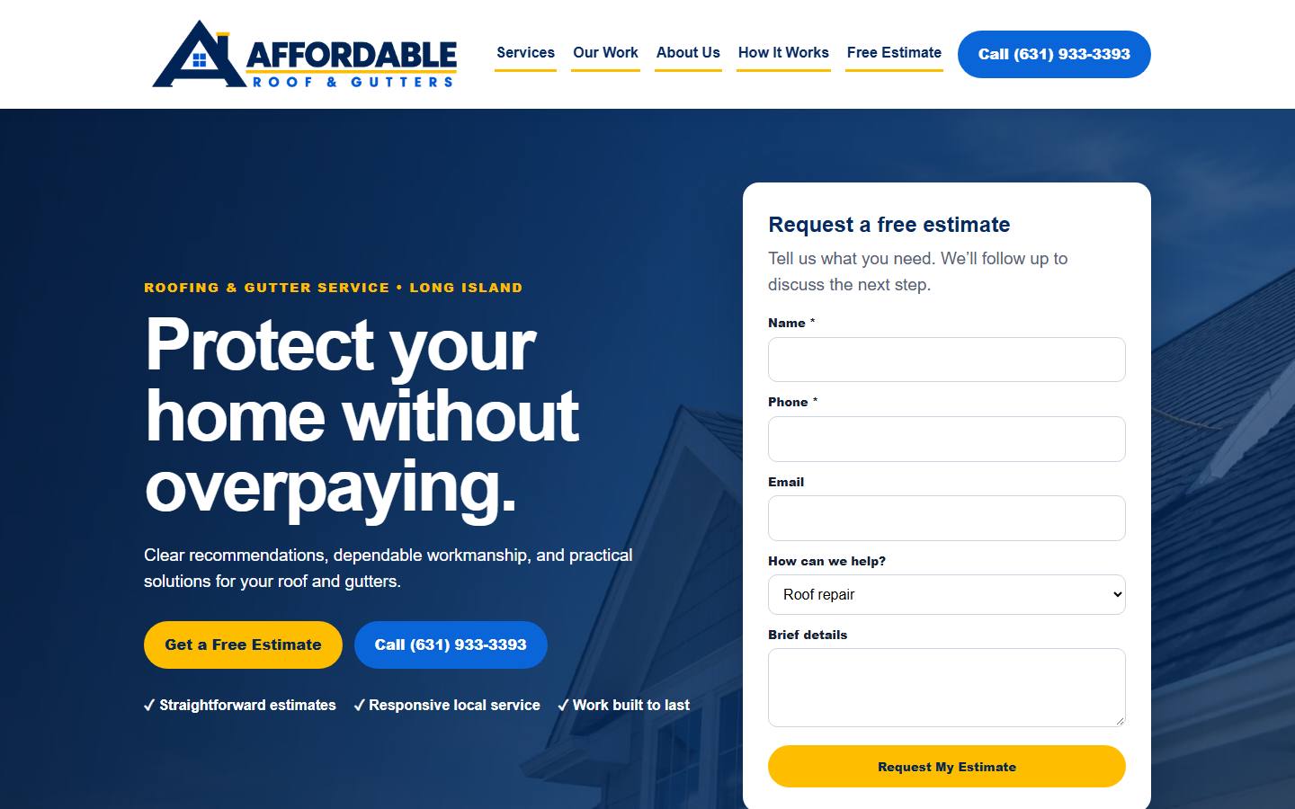 The Affordable Roof & Gutters website shown on a desktop screen