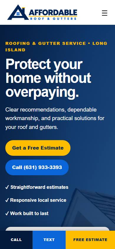 The Affordable Roof & Gutters website shown on a mobile phone