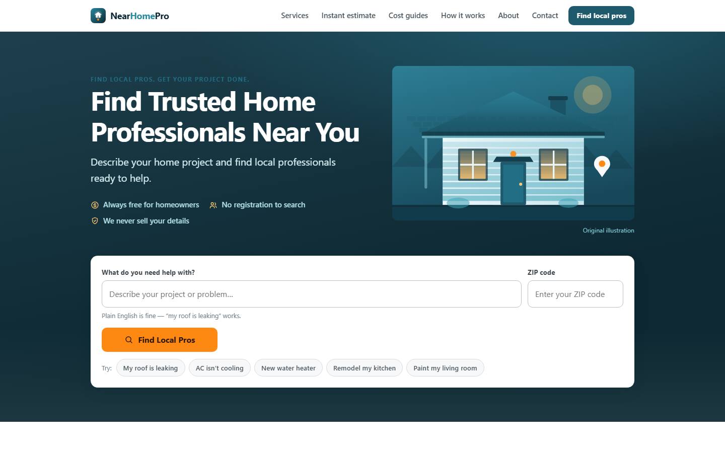 The NearHomePro website shown on a desktop screen