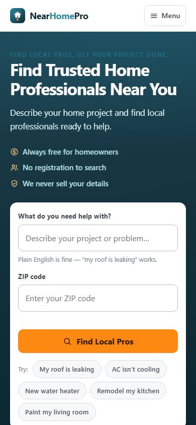 The NearHomePro website shown on a mobile phone
