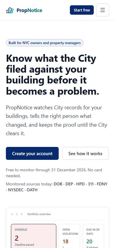 The PropNotice website shown on a mobile phone